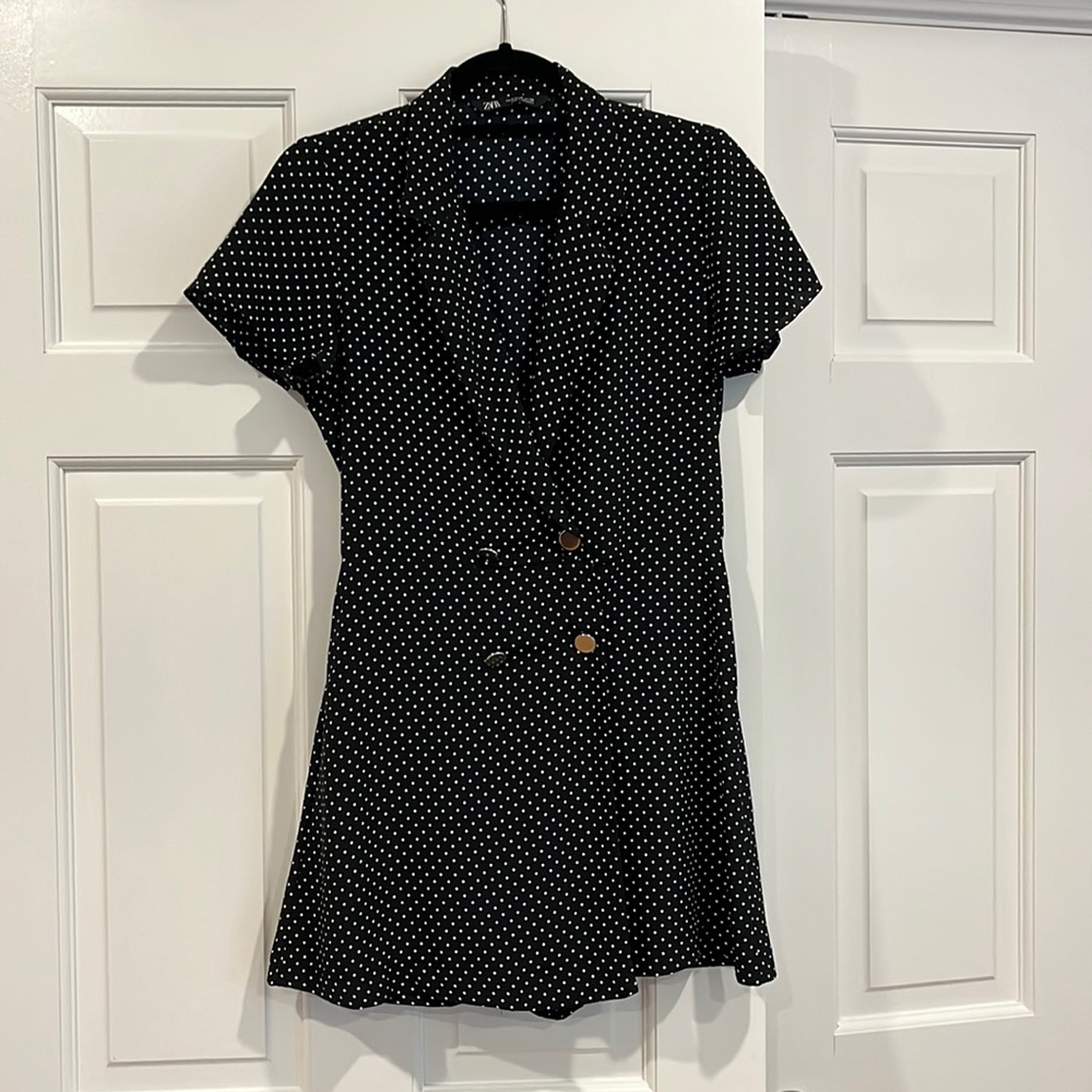 Zara black and white polka dot wrap front romper - M